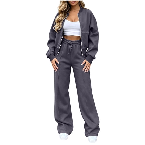 Edvintorg Outfits for Women 2 Piece Sets Fall Winter Crew Neck Long Sleeve Zip up Jacket and Wide Leg Pant Woman Clothes Dark Gray S-XL