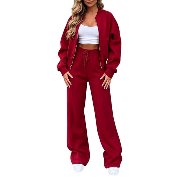 Edvintorg Outfits for Women 2 Piece Sets Fall Winter Crew Neck Long Sleeve Zip up Jacket and Wide Leg Pant Woman Clothes Red S-XL