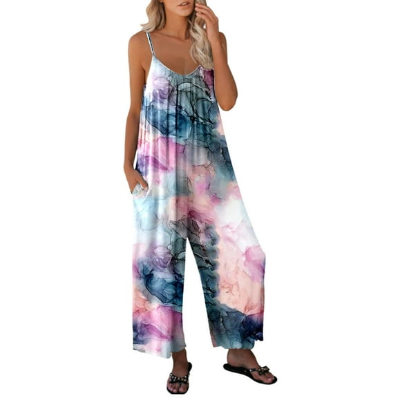 Edvintorg Overalls for Women Sleeveless Floral Jumpsuits Summer 2025 Wide Leg Trousers Loose Rompers Ladies Casual Long Pants
