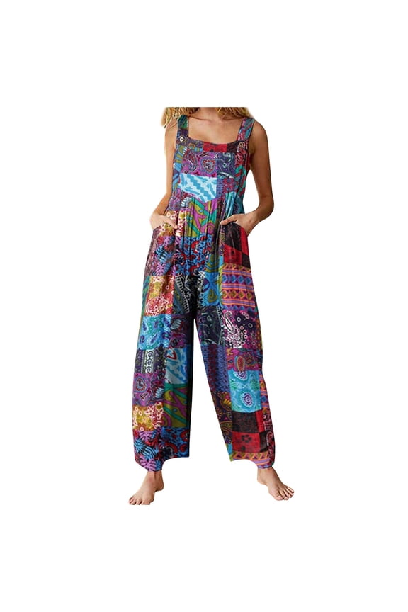 Overalls for Women Fashion Ethnic Style Patchwork Vintage Printed Buttons Suspender Wide Leg Jumpsuit Summer Outfits for Women 2025