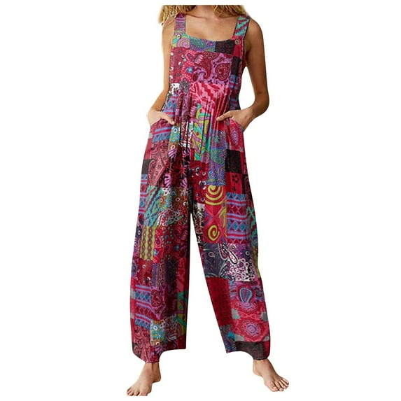 Edvintorg Overalls For Women Fashion Ethnic Style Patchwork Vintage Printed Buttons Suspender Wide Leg Jumpsuit Summer Outfits For Women 2023 New Clearance