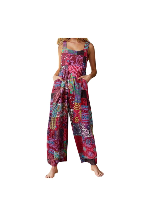 Overalls for Women Fashion Ethnic Style Patchwork Vintage Printed Buttons Suspender Wide Leg Jumpsuit Summer Outfits for Women 2025