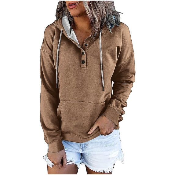 Edvintorg Oversized Sweatshirt for Women Fashion Long Sleeve Casual Drawstring Button Hooded Sweatshirt with Pocket