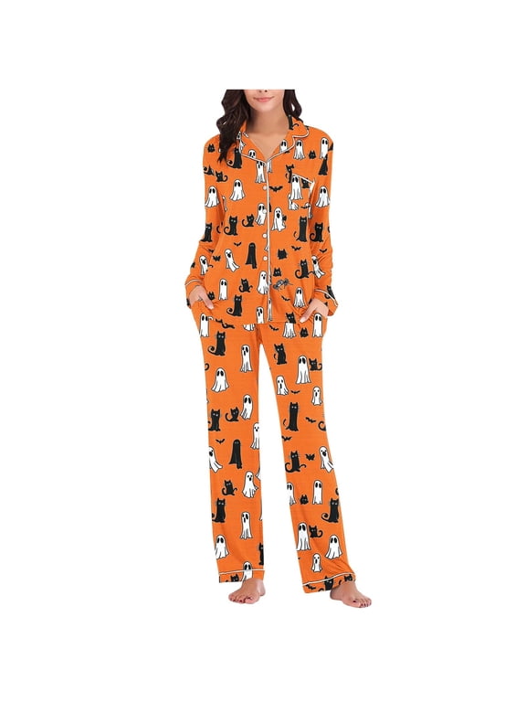 Pajama Sets for Women 2 Piece Halloween Printed Pjs Sleepwear Lounge Set Button Down Shirt and Pant Plus Size Omen's Clothing Orange L