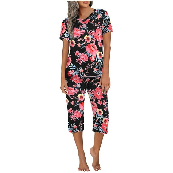 Edvintorg Pajamas Set for Women Lounge Sets Short Sleeve Shirt and Capri Pants Sleepwear Pjs Sets Summer Casual Yoga Outfits Sets