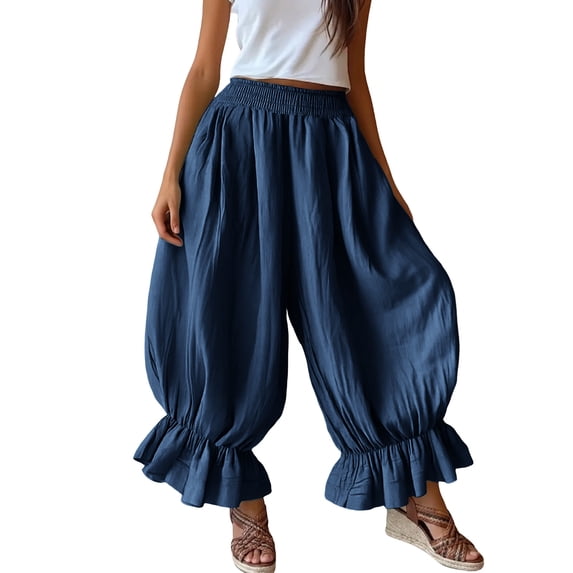 Edvintorg Pants Women Elastic High Waisted Ruffle Cropped Pant Loose Baggy Harem Linen Blend Casual Trousers Women Clothes S-2XL Navy