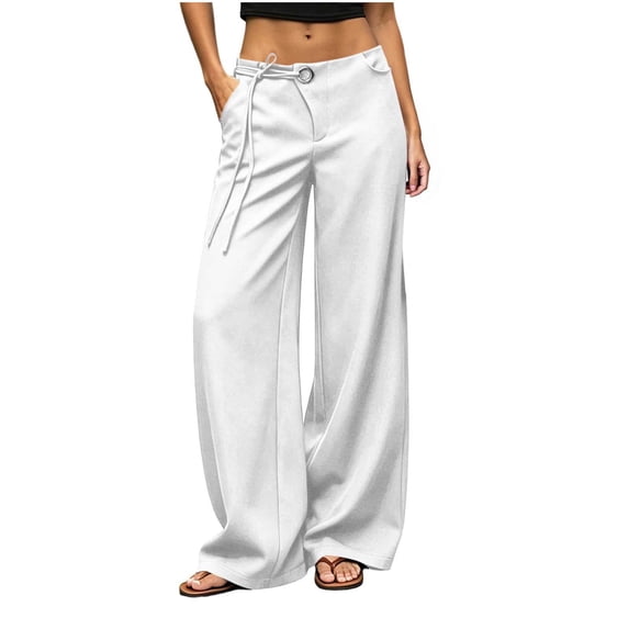 Edvintorg Pants for Women Trendy Low-Rise Casual Loose Wide Leg Cotton Trouser with Pockets Womens Clothes White XL