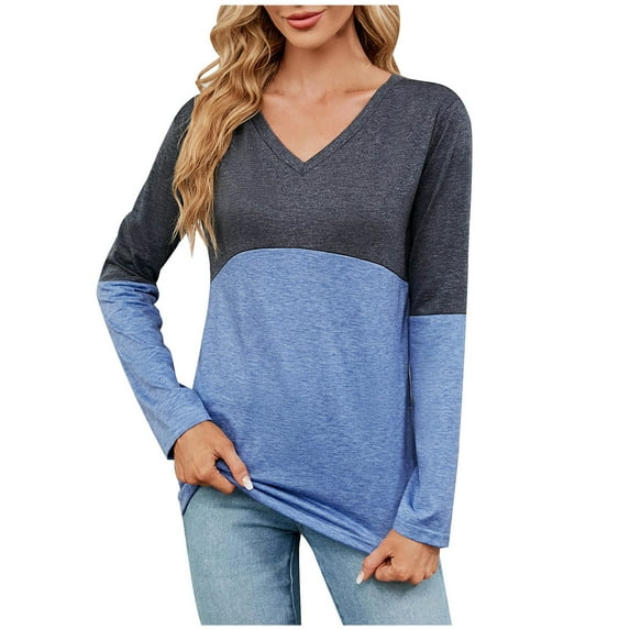 Edvintorg Patchwork Blouse Women Long Sleeve Fall 2025 Women's V Neck Sexy Casual Loose Fit Basic Blouse Tops Tunic Blouse
