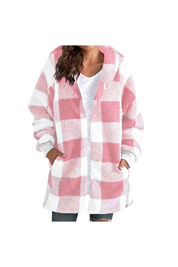 Plaid Jackets for Women Trendy 2025 Winter Warm Hooded Casual Mid Length Jacket with Pocket Long Sleeve Women's Coats Pink XXL