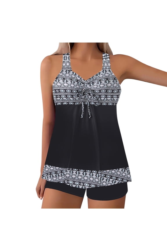 Plus Size Bathing Suit for Women Summer Flowy Swimwear Two Piece Swimsuits Vintage Printed Crisscross Back Adjustable Tank Top with Boyshorts