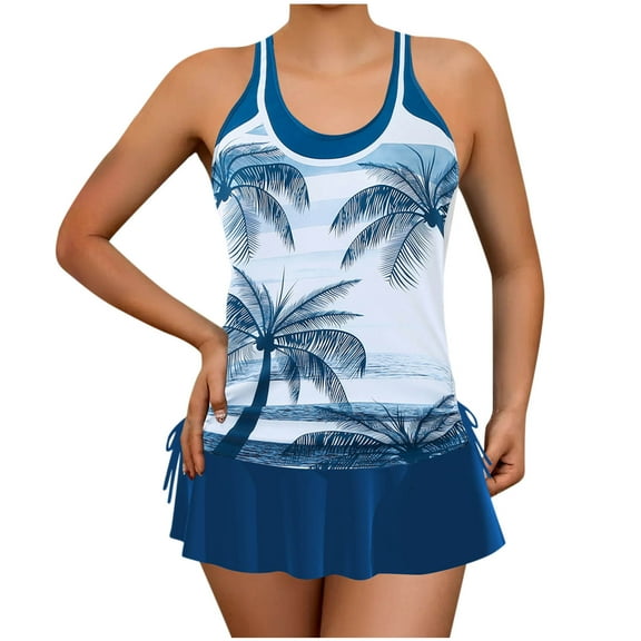 Edvintorg Plus Size Bathing Suits Women Two Piece Swimsuits Vintage Printed Drawstring Swim Tank Top with Skirt Beach Vacation Clothes for Women