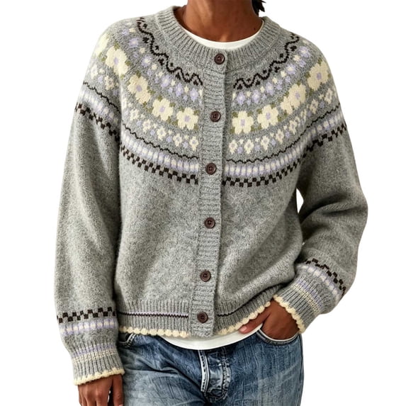 Edvintorg Plus Size Cardigan Women Fair Isle Cerw Neck Knit Sweater Long Sleeve Casual Open Front Top Womens Fashion Gray S-3XL