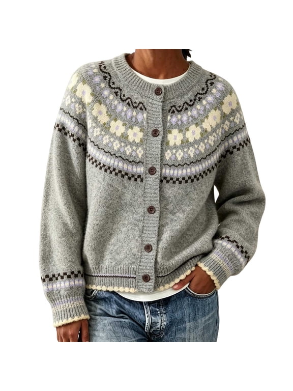 Plus Size Cardigan Women Fair Isle Cerw Neck Knit Sweater Long Sleeve Casual Open Front Top Womens Fashion Gray S-3XL