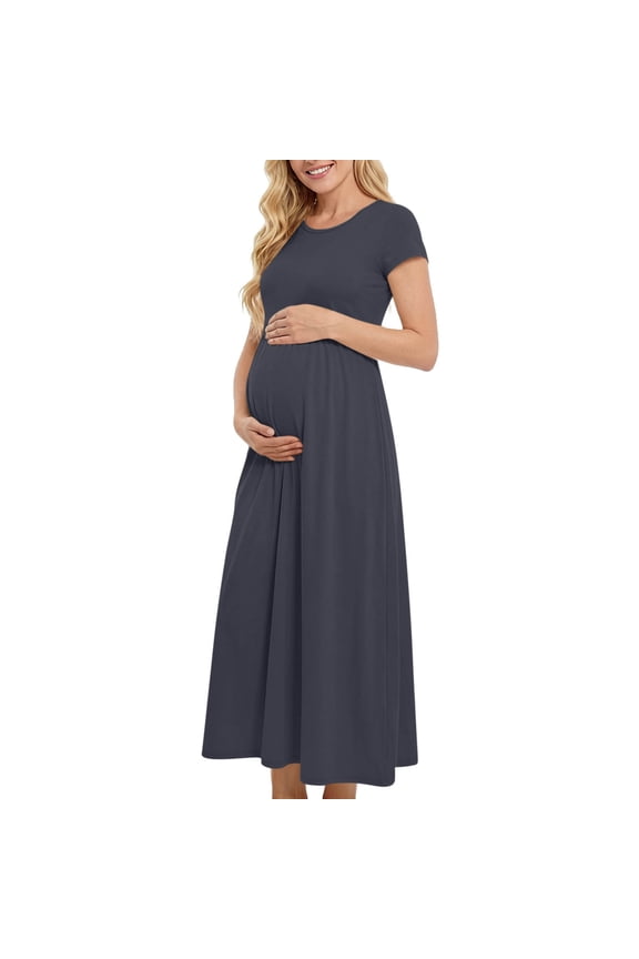 Plus Size Clothes for Women Pregnancy Dress Short Sleeve Crewneck Lightweight Flowy Maxi Maternity Dresses Women Pregnant Dress Dark Gray L