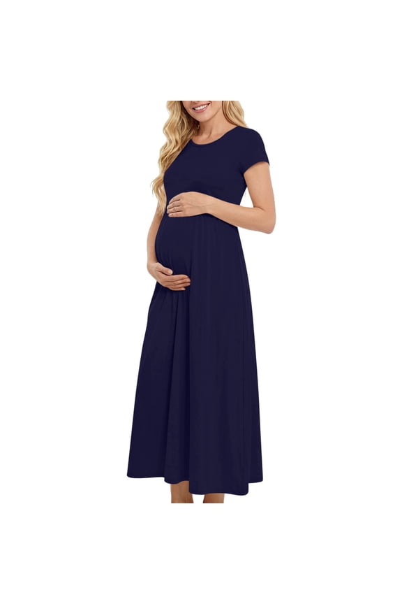 Plus Size Clothes for Women Pregnancy Dress Short Sleeve Crewneck Lightweight Flowy Maxi Maternity Dresses Women Pregnant Dress Navy L