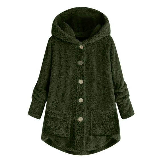 Edvintorg Plus Size Coats Jackets for Woman Women's Button Plush Tops Hooded Loose Cardigan Wool Coat Winter Jackets for Women Army Green Xxxxxl