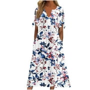 EDVINTORG Dresses for Women Fashion Floral Printing Button V-Neck Short Sleeve Summer Beach Dresses with Pockets Casual Dresses for Women