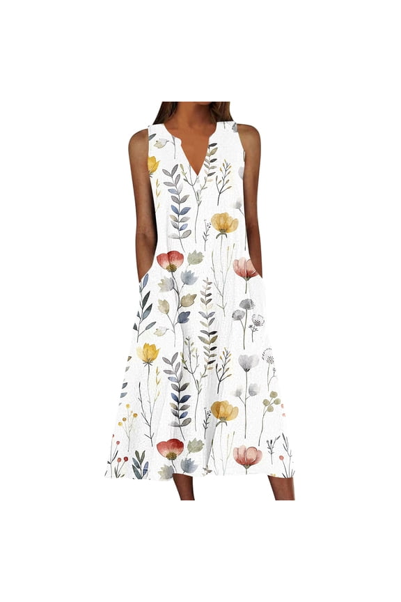Plus Size Dresses for Curvy Women Summer Sleeveless Casual Loose Beach Dress with Pocket Vintage Flower Printed V-Neck Dresses for Women 2025