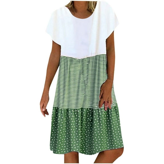 Edvintorg Plus Size Dresses Women Fashion Stripe Patchwork Round Neck Short Sleeve Loose Casual Dress Summer Vacation Dresses for Women 2025