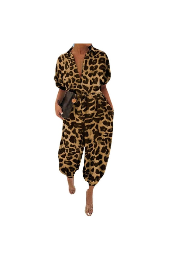 Plus Size Jumpsuits for Women Fashion Leopard Print Lapel Slim Long Button Rompers Short Sleeve Jumpsuits