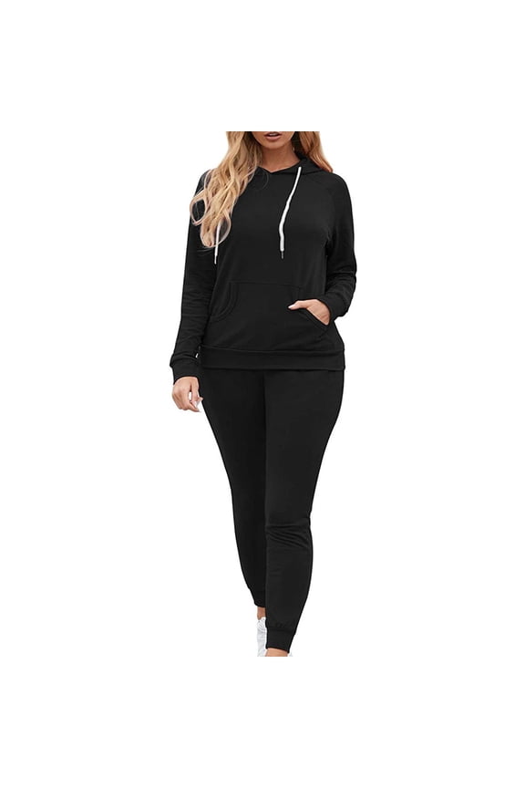 Plus Size Matching Sets 2Pc Fashion Woman Round Neck Solid Long Sleeve Blouse +Loose Pants Sets