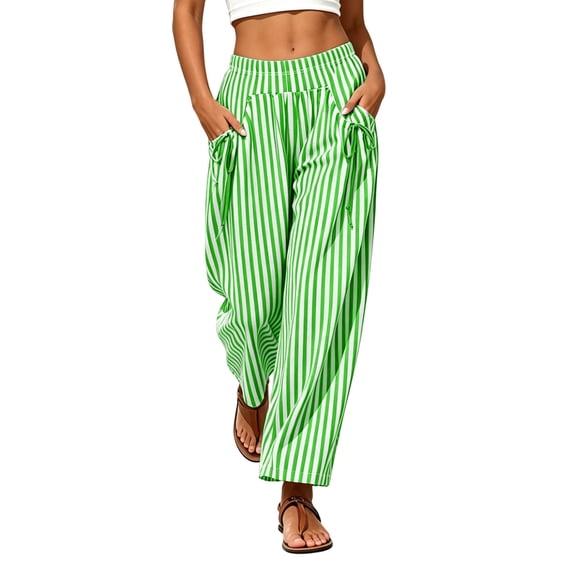 Edvintorg Plus Size Pants for Women Fashion Striped Elastic Waisted Wide Leg Loose Casual Trouser with Pockets Womens Clothing Green S