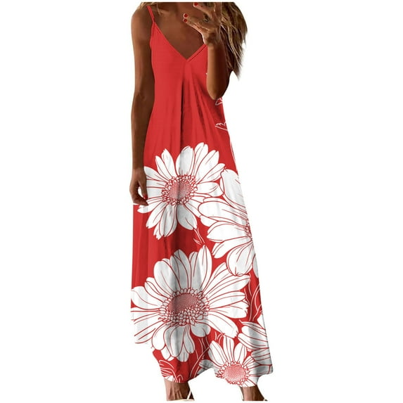 Edvintorg Plus Size Summer Dresses Women Vintage Floral Printing V-Neck Camis Sleeveless Casual Long Maxi Dresses Summer Vacation Dresses for Women 2025