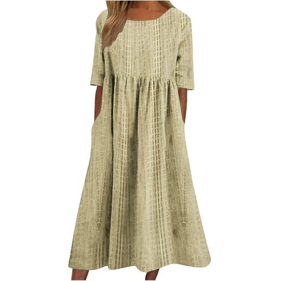 Edvintorg Plus Size Summer Dresses Women's Casual Dresses Vintage Printed Round Neck Short Sleeve Loose Midi Dress with Pockets