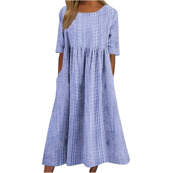 Edvintorg Plus Size Summer Dresses Women's Casual Dresses Vintage Printed Round Neck Short Sleeve Loose Midi Dress with Pockets
