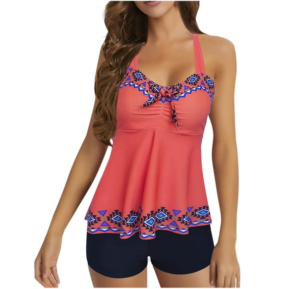 Edvintorg Plus Size Swimsuit for Women Retro Printing Adjustable Tankini Swimsuits Two Piece Bathing Suits Swim Tank Top with Boyshorts Modest Athletic Swimwear