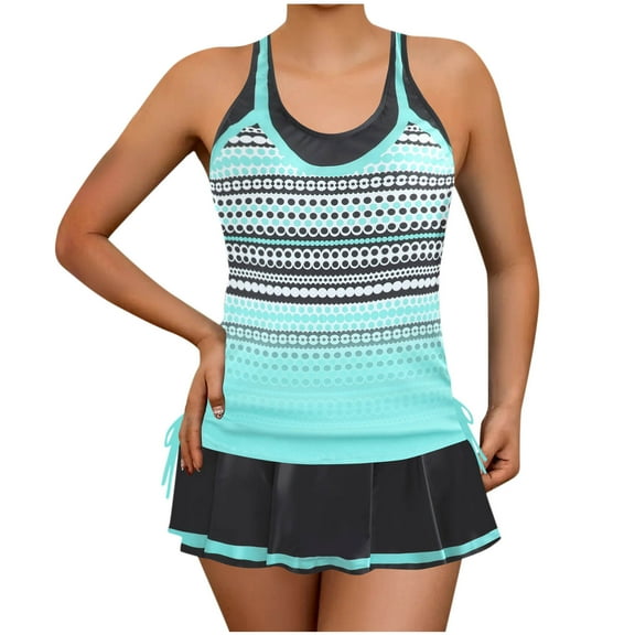 Edvintorg Plus Size Tankini Swimsuit for Women Two Piece Bathing Suits Patchwork Print Drawstring Swim Tank Top with Skirt Summer Flowy Swimwear