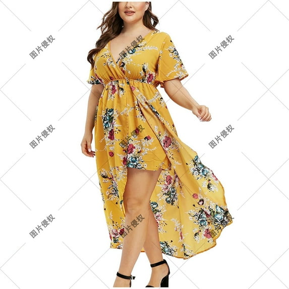 Edvintorg Plus Size Women Dresses Fashion Women Floral Printed V-Neck Short Sleeve Split Casual Beach Dress Summer Outfits for Women 2025