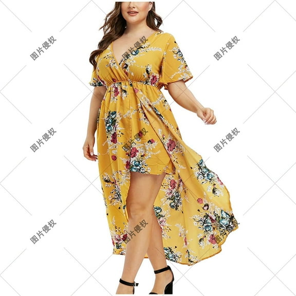 Edvintorg Plus Size Women Dresses Fashion Women Floral Printed V-Neck Short Sleeve Split Casual Beach Dress Summer Outfits for Women 2025