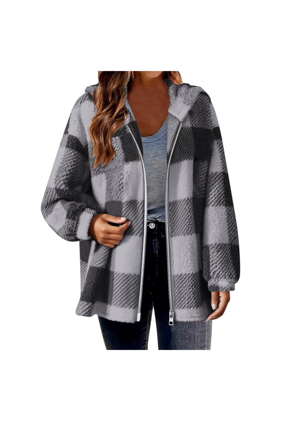 Plus Size Womens Clothing Fashion Plaid Jackets for Women Long Sleeve Casual Fall Winter Coat Hooded Outerwear with Zipper Trendy 2025