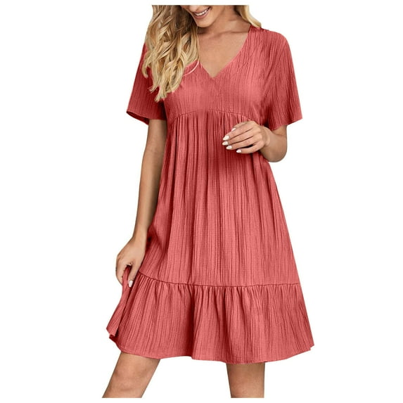 Edvintorg Plus Size Womens Clothing Summer Dresses Fashion Solid Color V-Neck Loose Casual Pleated Dress Vacation Dresses for Women 2025