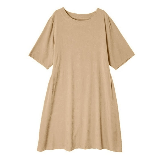 Edvintorg Plus Size Womens Dresses Fashion Solid Color Round Neck Short Sleeve Cotton And Linen Dress Women Beach Fashion Casual Loose Summer Dress