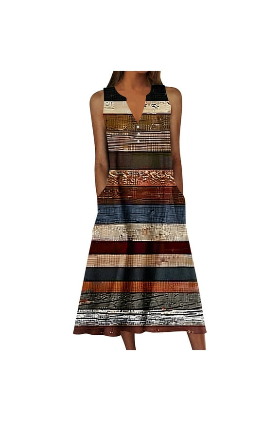 Plus Size Womens Dresses Vintage Printed V-Neck Sleeveless Tank Dress Summer Casual Loose Beach Dress with Pocket