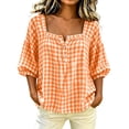 thumbnail image 1 of Edvintorg Plus Size Womens Tops Plaid Square Neck Casual Pullover Shirt Lightweight 3/4 Sleeve Loose Blouse with Button Clothes Women Orange XXXL, 1 of 5
