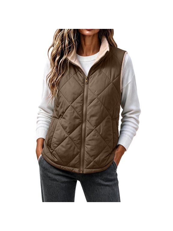 Puffer Vest Women Sleeveless Zip up Quilted Waistcoat Solid Color Collared Padded Vests with Pocket Plus Size Clothes Women Brown S-3XL