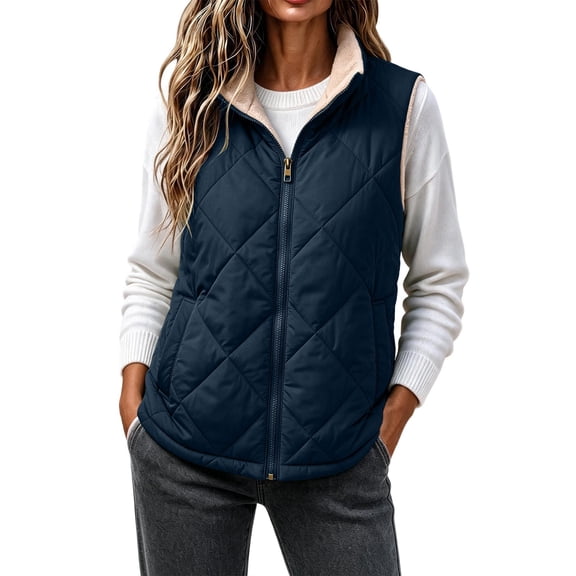 Edvintorg Puffer Vest Women Sleeveless Zip up Quilted Waistcoat Solid Color Collared Padded Vests with Pocket Plus Size Clothes Women Navy S-3XL