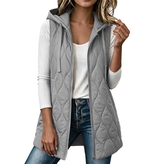 Edvintorg Puffer Vest Women Solid Color Hooded Quilted Waistcoat Sleeveless Casual Zip up Long Padded Jacket with Pocket Womens Clothes Gray S-2XL
