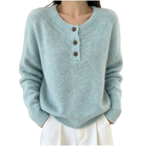 Edvintorg Pullover Sweaters for Women Plus Size Crew Neck Long Sleeve Loose Casual Knit Pullover Top with Button Women Clothes Light Blue S-3XL