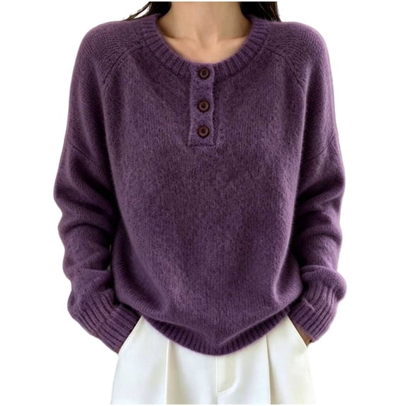 Edvintorg Pullover Sweaters for Women Plus Size Crew Neck Long Sleeve Loose Casual Knit Pullover Top with Button Women Clothes Purple S-3XL
