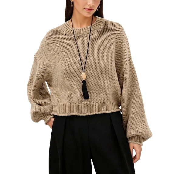 Edvintorg Pullover Sweaters for Women Solid Color Crew Neck Cropped Sweater Long Sleeve Loose Pullover Top Clothes Women Khaki M