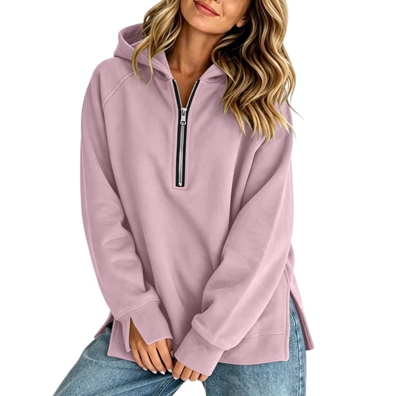 Edvintorg Quarter Zip Women Long Sleeve Loose Casual Hoodie Fall Winter Solid Color Hooded Sweatshirt Women Clothes Pink S-2XL