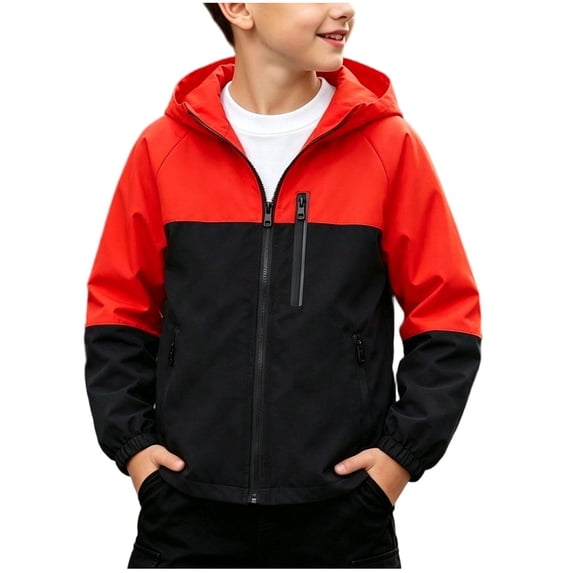 Edvintorg Rain Jacket Boys Color Block Long Sleeve Waterproof Raincoat Outdoor Zip up Hooded Windbreaker with Pocket Teen Clothes Size 7-16