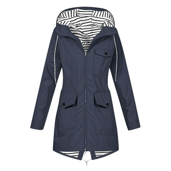 Edvintorg Rain Jacket Women Solid Color Outdoor Hooded Windproof Casual Raincoat with Pocket Long Sleeve Windbreaker Winter Clothing for Women Navy B M