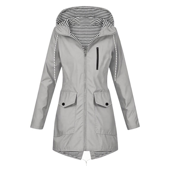 Edvintorg Rain Jacket Women Waterproof Raincoat with Hooded Outdoor Hiking Long Sleeve Zip up Windbreaker Plus Size Fashion Clothing Gray S-3XL