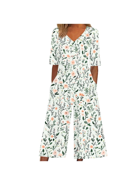 Rompers for Women 2025 Summer Vintage Floral Printed Short Sleeve V Neck Back Zipper Wide Leg Jumpsuit with Pocket Casual Loose Overalls for Women