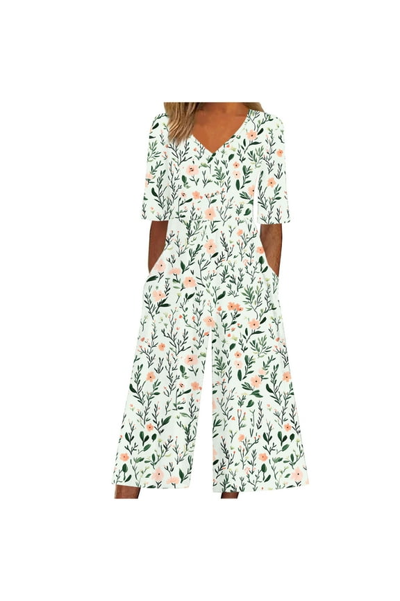 Rompers for Women 2025 Summer Vintage Floral Printed Short Sleeve V Neck Back Zipper Wide Leg Jumpsuit with Pocket Casual Loose Overalls for Women
